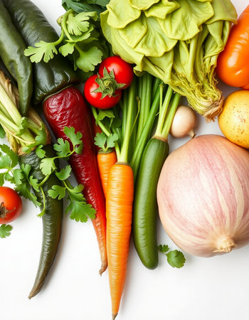 Composition with fresh vegetables on white background, closeup. Healthy food