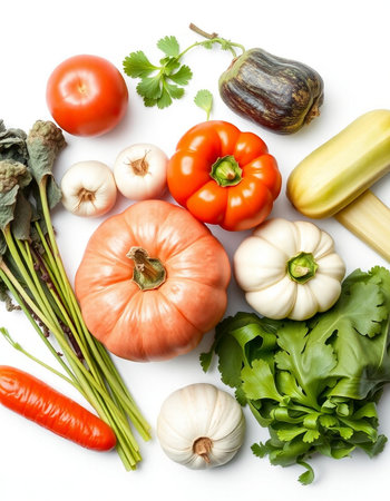 collection of fresh vegetables isolated on white background. Top view. Flat lay