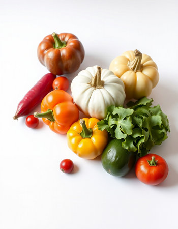 Vegetables on a white background. Pumpkin, tomato, pepper, cucumber, lettuce.の写真素材
