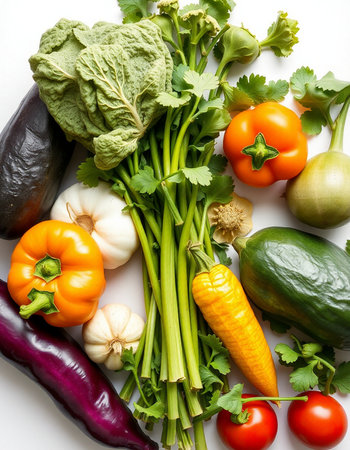 Fresh vegetables on white background. Healthy food concept. Top view.の写真素材