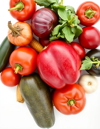Assorted fresh vegetables isolated on a white background. Top view.の写真素材