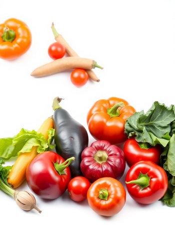 Vegetables isolated on white background. Tomato, pepper, zucchini, eggplant, bell pepper, cucumberの写真素材