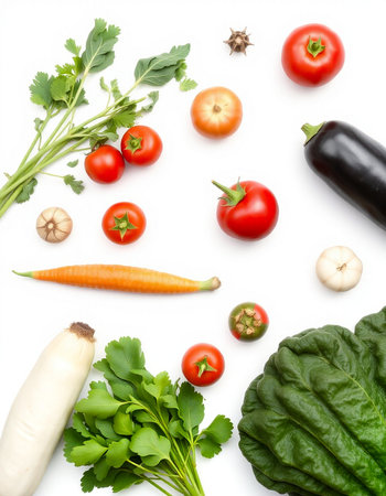 Fresh vegetables on white background, top view. Healthy food concept.の写真素材