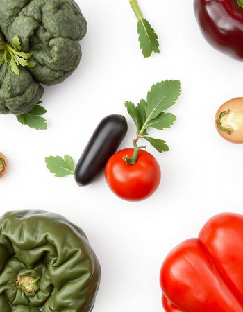 Fresh vegetables on white background. Healthy food concept. Top view.