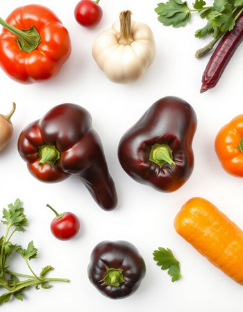 Flat lay composition with fresh vegetables on white background, top viewの写真素材