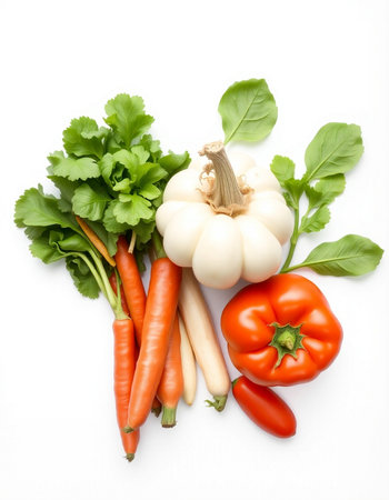 Vegetables isolated on white background. Top view, flat layの写真素材