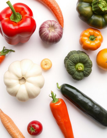 Composition with fresh vegetables on white background, top view. Balanced dietの写真素材