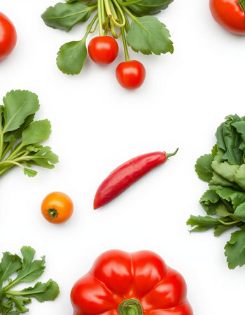 Fresh vegetables isolated on white background. Top view. Flat lay patternの写真素材