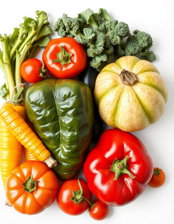 Composition with variety of fresh vegetables on white background, top view