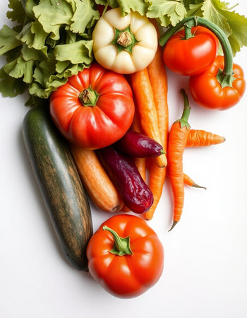 Fresh vegetables on white background. Healthy food concept. Top view.