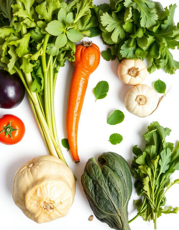 Fresh vegetables isolated on white background. Top view. Flat lay.