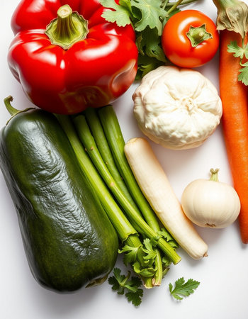 Composition with fresh vegetables on a white background. Healthy food.の写真素材
