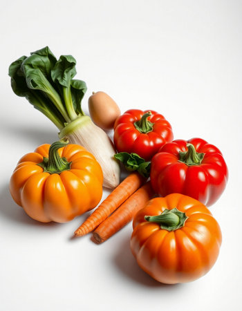 Vegetables on a white background. Tomato, carrot, onion, pepperの写真素材