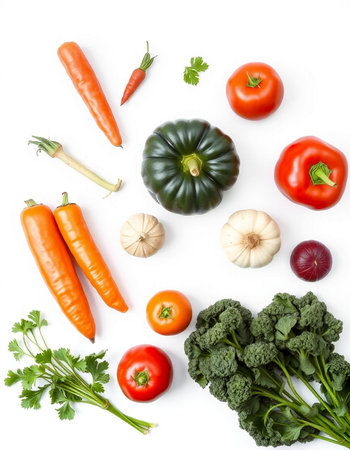 Fresh vegetables isolated on white background. Top view. Flat lay.