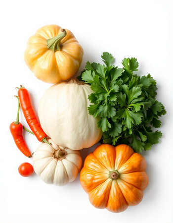 Pumpkin, carrot, parsley and red pepper on white backgroundの写真素材