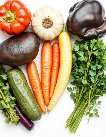 Fresh vegetables isolated on white background. Top view. Flat lay.の写真素材