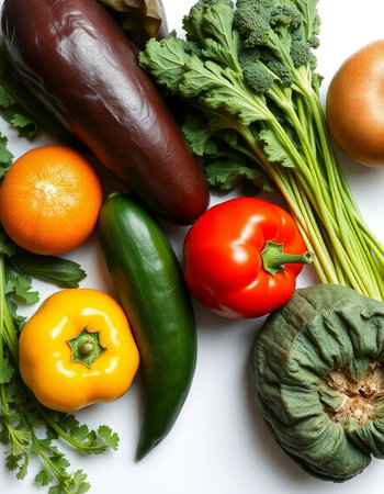 Fresh vegetables isolated on white background. Top view. Flat lay.