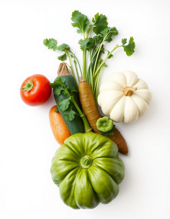 Vegetables isolated on white background, top view, flat layの写真素材