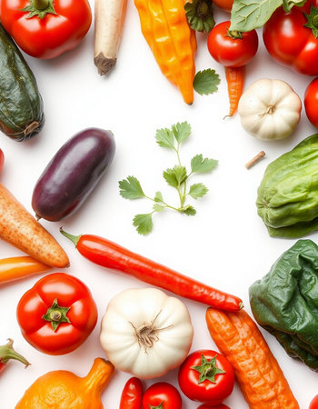 Fresh vegetables on white background, top view. Healthy food concept.の写真素材