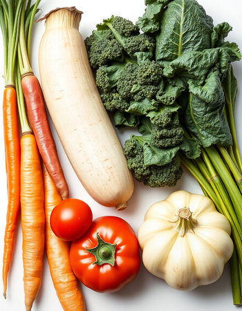 Vegetables on a white background. Carrot, zucchini, tomatoesの写真素材