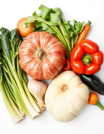 Composition with fresh vegetables on white background, top view. Balanced diet
