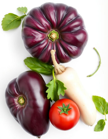 Eggplant, tomato, pepper and basil isolated on white backgroundの写真素材