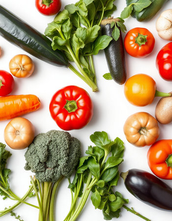collection of fresh vegetables isolated on white background. top view. flat lay