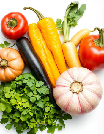 Fresh vegetables isolated on white background. Healthy food concept. Top view.の写真素材