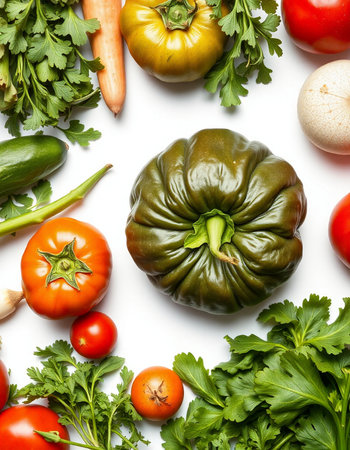 Set of fresh vegetables isolated on white background. Top view. Flat lay.の写真素材