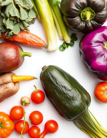 Composition with fresh vegetables on white background, top view. Balanced dietの写真素材