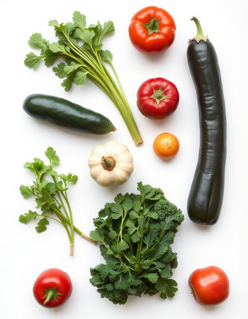 Vegetables on a white background, top view, flat layの写真素材