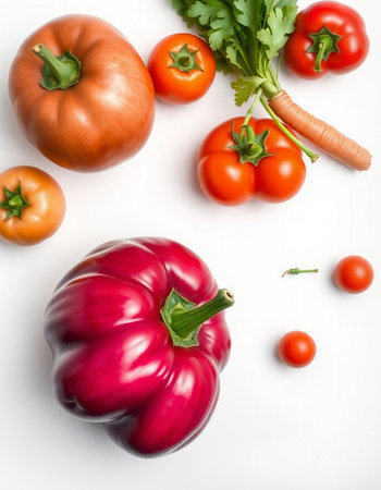Vegetables on a white background. Red bell pepper, tomatoes and parsley.の写真素材