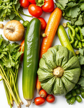 Variety of fresh organic vegetables on white background. Top view.の写真素材