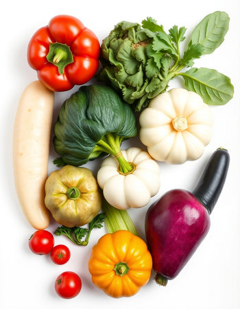 collection of vegetables isolated on white background. top view. flat lay