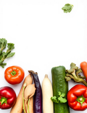 Fresh vegetables on white background. Top view with copy space for your textの写真素材