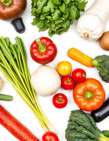 Composition with fresh vegetables isolated on white background. Flat lay, top viewの写真素材