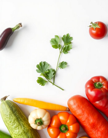 Fresh vegetables on white background. Flat lay, top view, copy spaceの写真素材