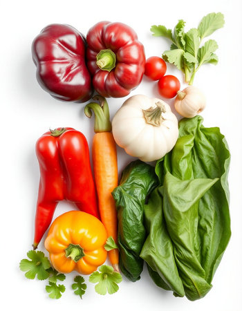 Fresh vegetables isolated on white background. Top view. Flat lay.の写真素材