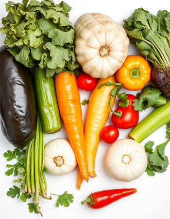 Variety of fresh vegetables isolated on white background. Top view.