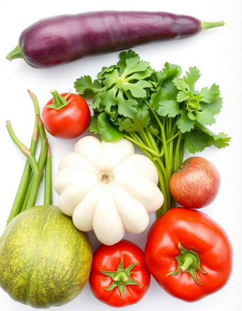 Assortment of fresh vegetables on white background, top view, vertical