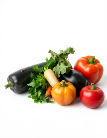 vegetables isolated on white background - eggplant, tomato, pepperの写真素材