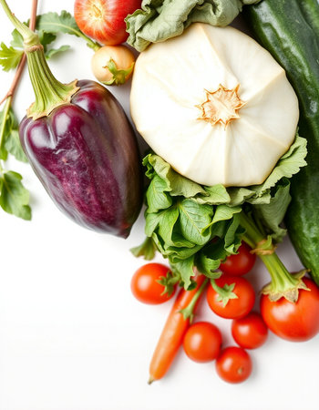 Fresh vegetables on a white background, top view, close-up