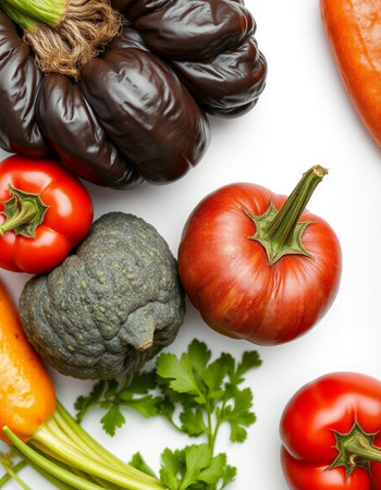 Fresh vegetables isolated on white background. Top view. Flat lay.