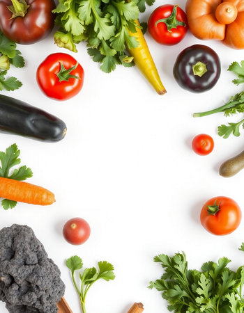 Vegetables on white background. Top view with copy space.の写真素材