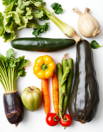 Fresh vegetables on white background, top view. Healthy food concept.の写真素材