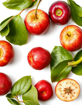 Red apples with green leaves isolated on white background. Flat lay, top viewの写真素材