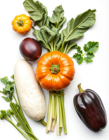 Fresh vegetables isolated on white background. Top view. Flat lay.