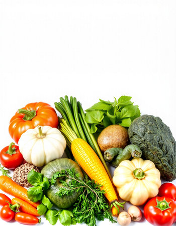 Composition with variety of fresh organic vegetables on white background. Balanced dietの写真素材