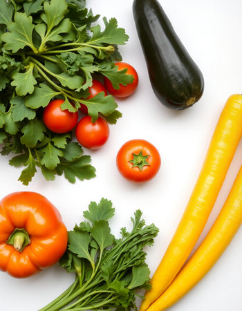 Vegetables on a white background. Tomato, pepper, zucchini, parsley.の写真素材