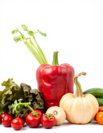 Vegetables isolated on white background. Red pepper, bell pepper, tomato, onion, celery and garlicの写真素材